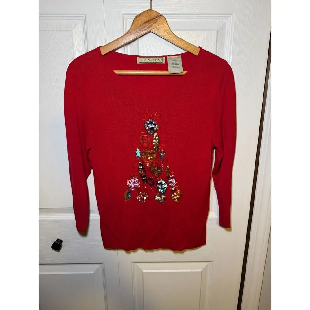 Lucia Burns Red Beaded Christmas Tree Sweater Women's Medium Holiday Knit Top